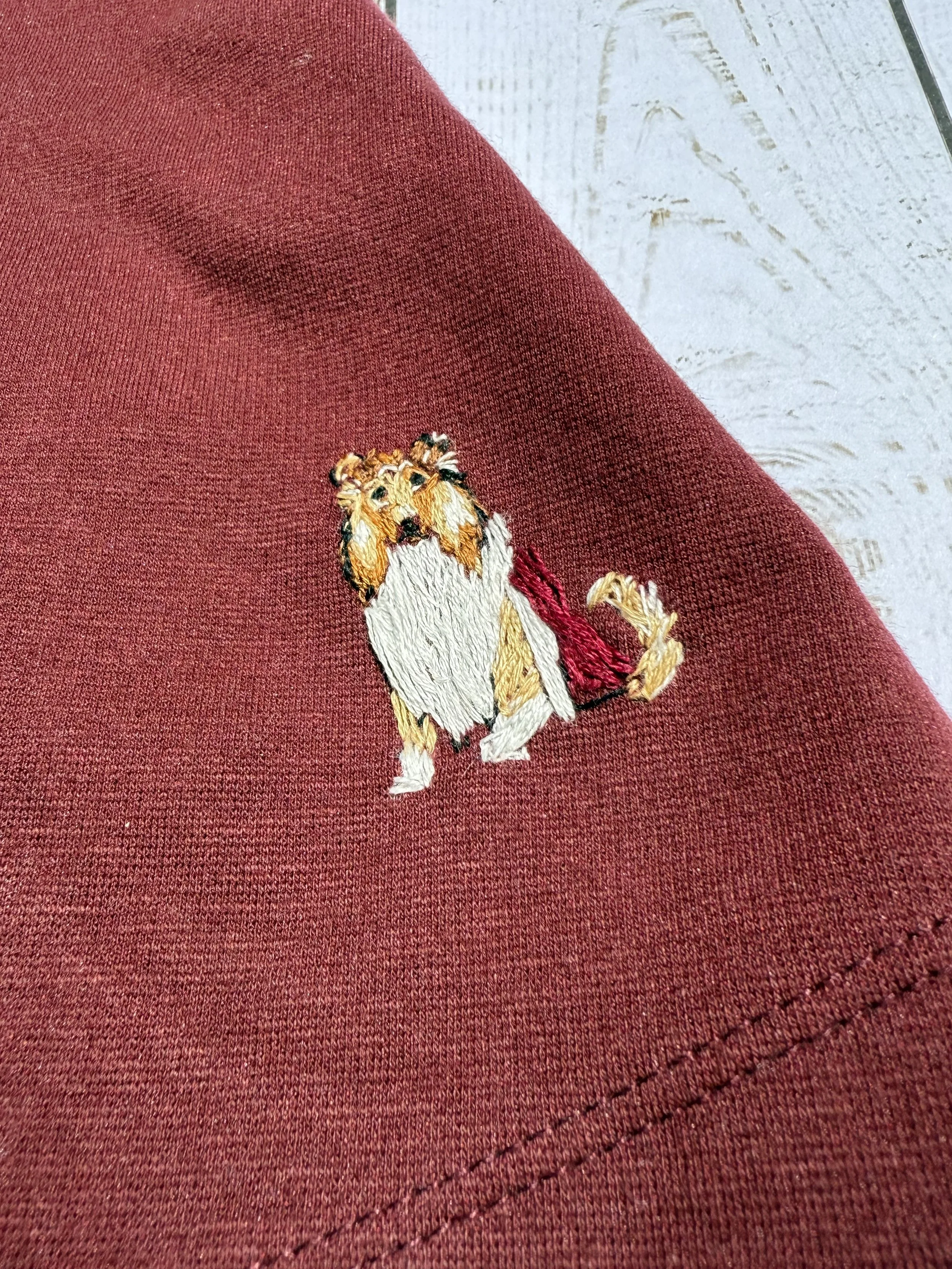 Close-up of red fabric with embroidered image of a maned lion sitting on a patch of ground, with a light-colored background visible.