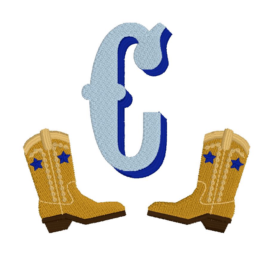 C020 — Cowboy Boots Initial Place a statement initial between a mirrored pair of decorative cowboy boots for a bold western monogram. Make it yours: Choose the initial, boot colors, accent colors, and scale.