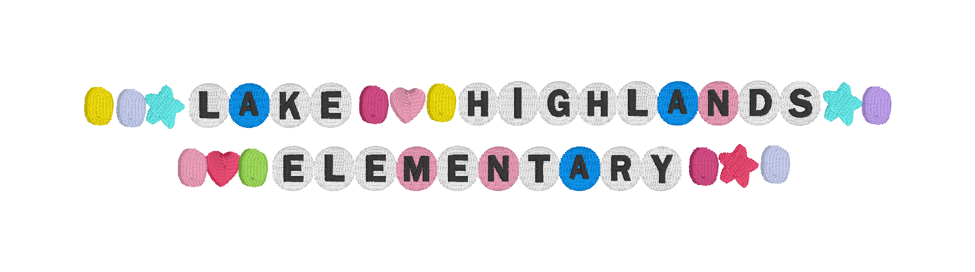 C014 — School Bead Name Layout Turn a school name, team, or phrase into a colorful bead-style composition with hearts and stars. Make it yours: Choose the school or phrase, bead colors, accent shapes, line breaks, and layout.