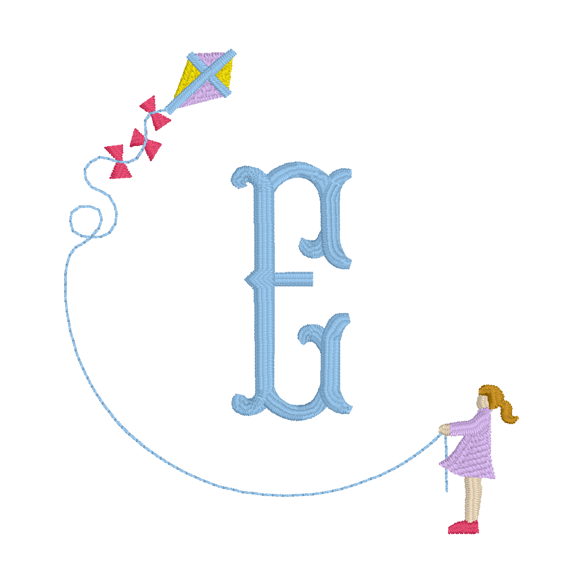 C030 — Kite Initial
A large initial inside a kite-string circle with a girl flying the kite.
Make it yours: Choose the initial, kite colors, and figure colors.