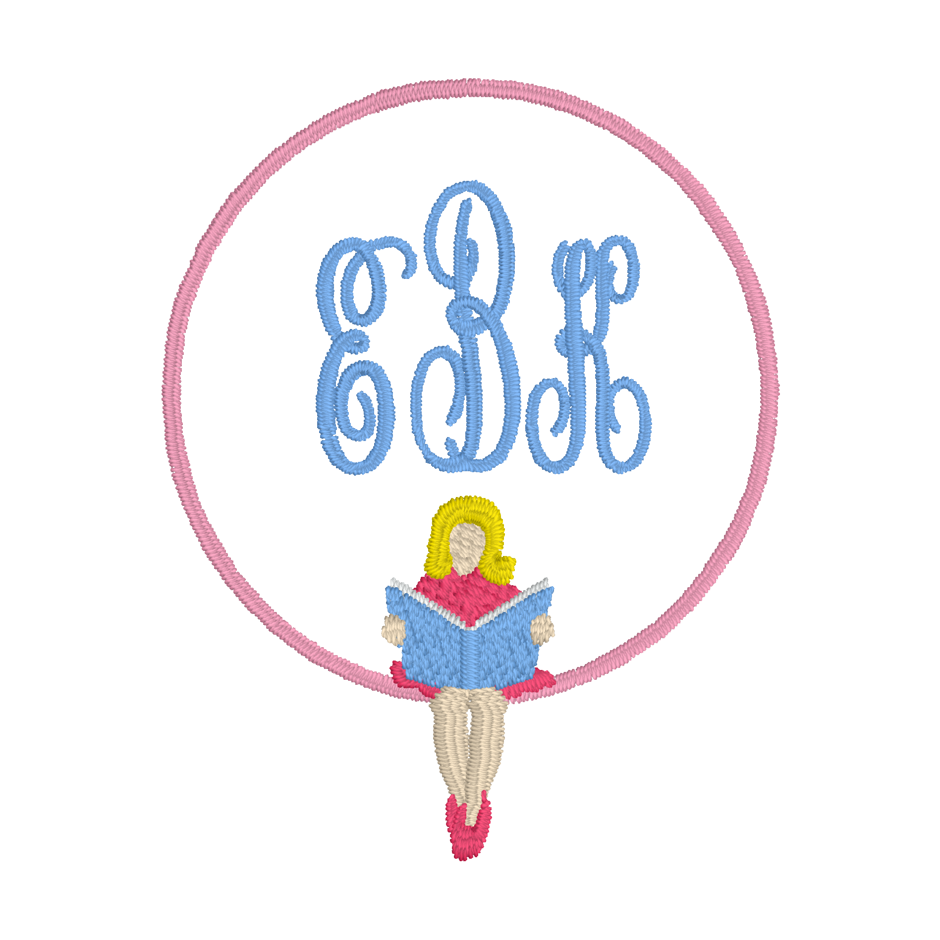 C029 — Reading-Girl Monogram
An ornate monogram in a circular frame with a girl reading at the base.
Make it yours: Choose the initials, monogram order, frame color, and reader colors.