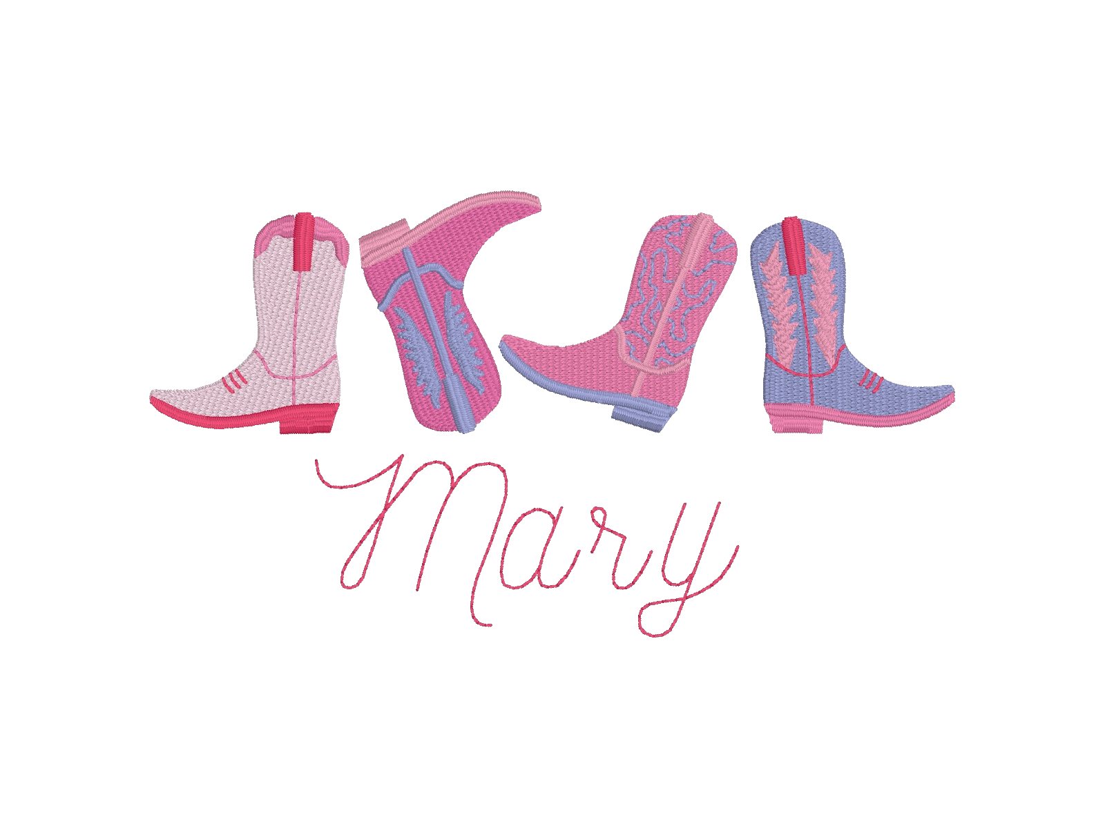 C006 — Four-Boot Name Lineup
Arrange four coordinating cowboy boots above a personalized script name for a playful western statement.
Make it yours: Choose the name, boot sequence, and colors.
Motif reference: D0383