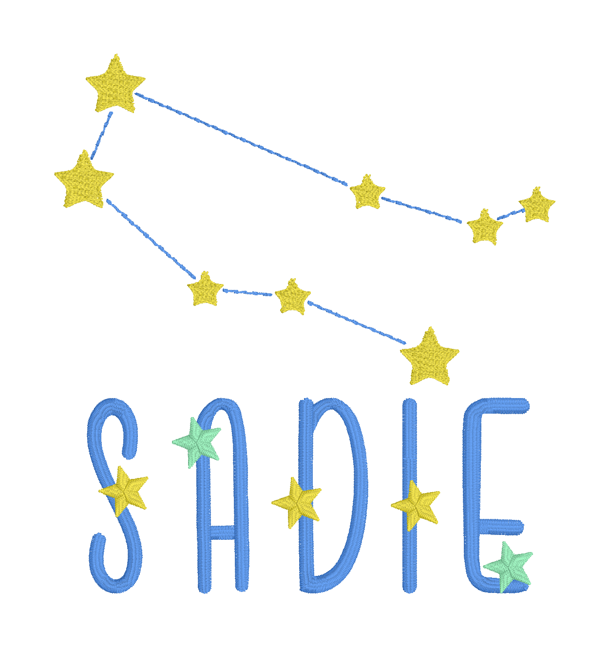 C013 — Starry Constellation Name Layout
Combine a constellation with star-accented lettering for a dreamy celestial name design.
Make it yours: Choose the name, constellation, star colors, lettering colors, and layout.
Motif reference: D1289