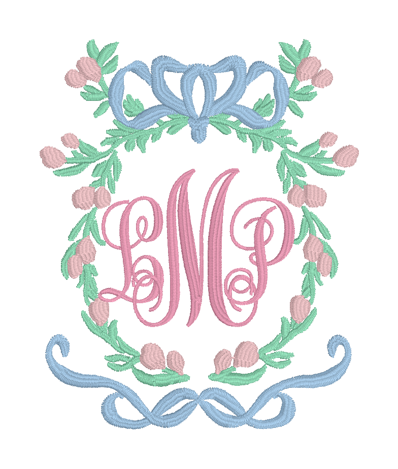 C022 — Floral Bow Monogram Frame Frame a graceful three-letter monogram with delicate flowers, greenery, and ribbon-like bow flourishes. Make it yours: Choose the initials, monogram order, flower colors, bow colors, foliage colors, and overall palett