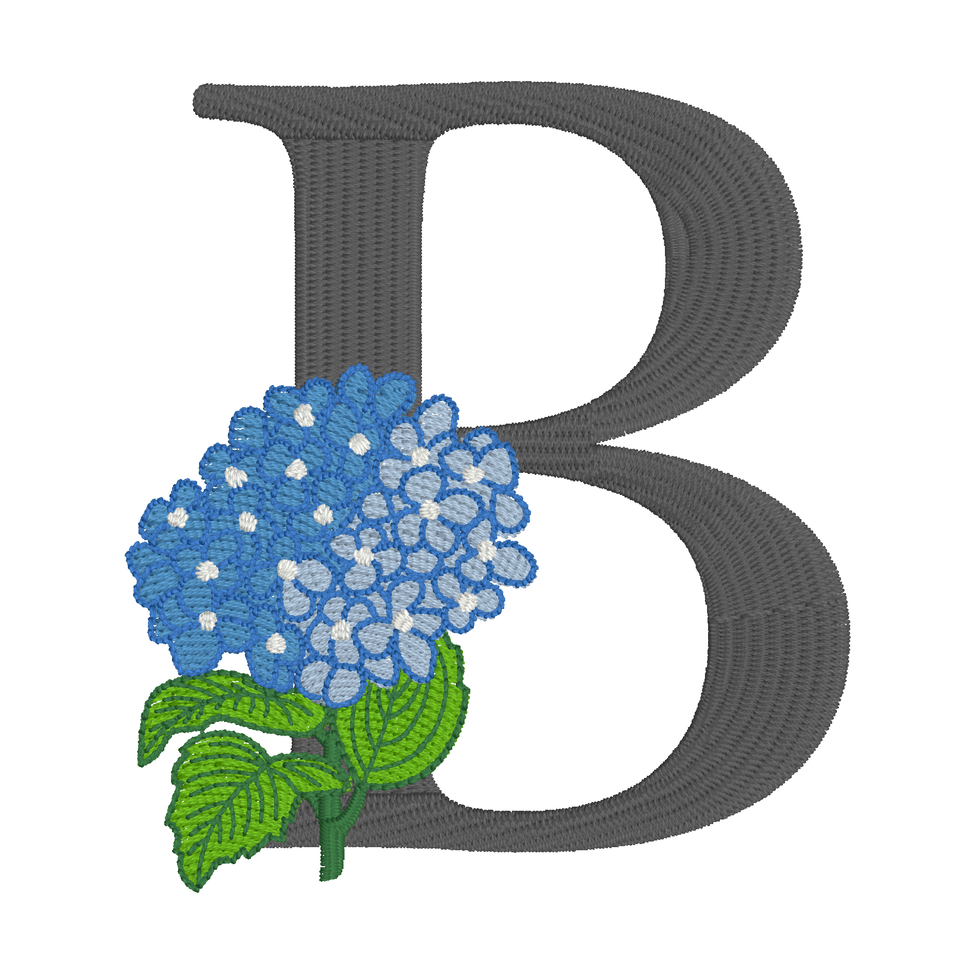 C031 — Hydrangea Initial
A blue hydrangea stem overlaps a large dark initial.
Make it yours: Choose the initial, letter color, and hydrangea colors.