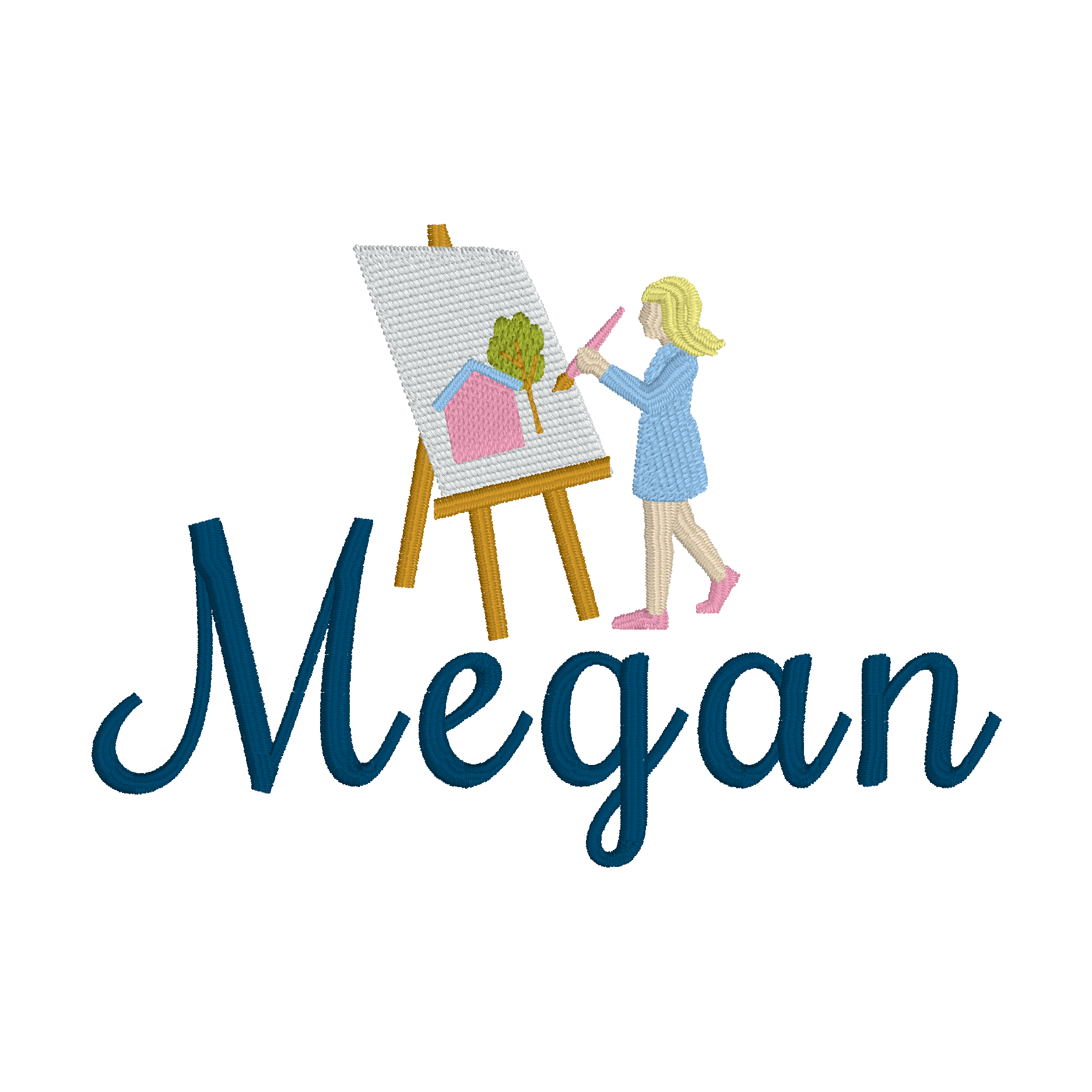 C027 — Artist Name
A small artist at an easel above a script name.
Make it yours: Choose the name, lettering colors, and artist colors.