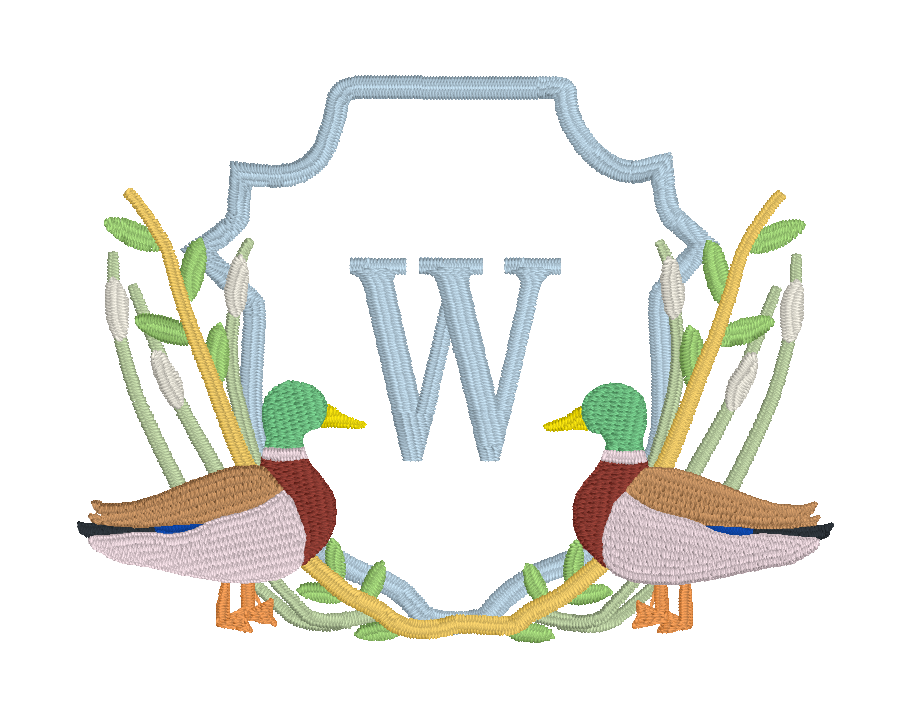 C026 — Mallard Crest Monogram Frame a stately initial with mirrored mallards and marsh grasses inside a scalloped crest. Make it yours: Choose the initial, crest colors, duck and reed colors, and scale. Font reference: Twilight Stacked; catalog ID pe