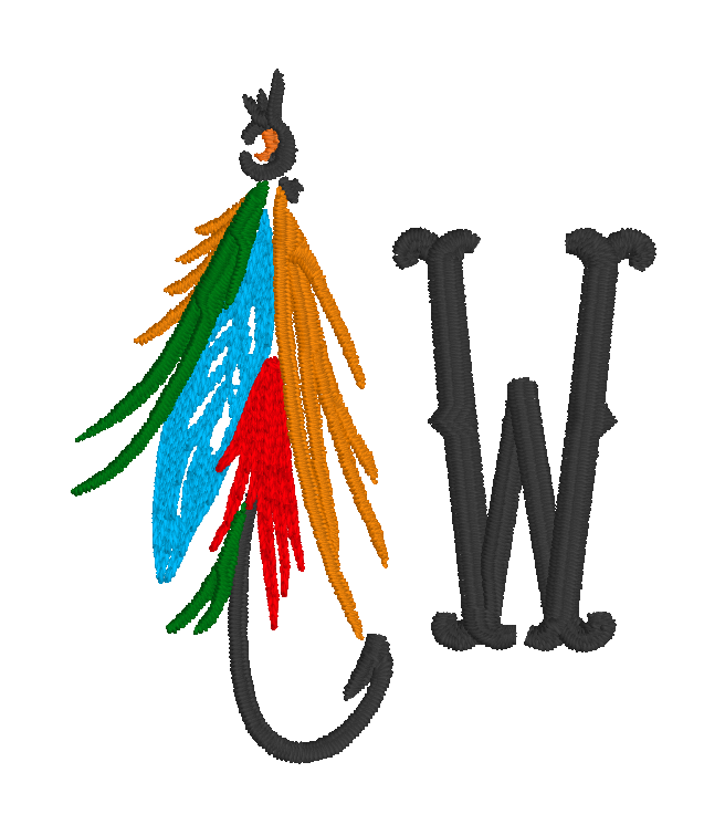 C015 — Fly-Fishing Initial Pair an ornate initial with a colorful fly-fishing lure and hook for a personalized outdoors design. Make it yours: Choose the initial, lure colors, letter color, scale, and placement.