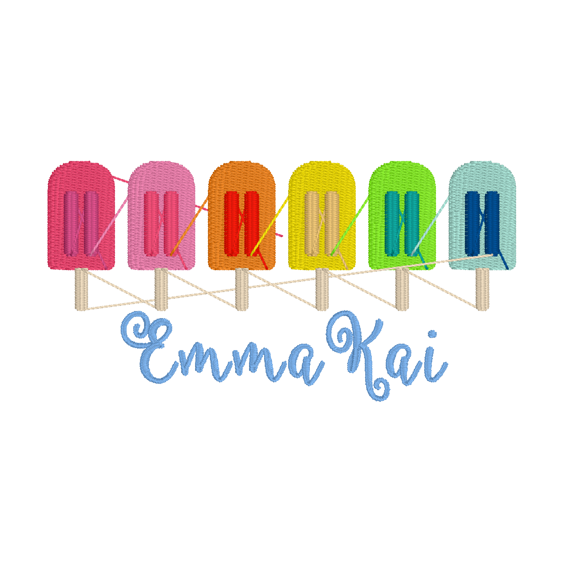 C034 — Popsicle Name
A row of colorful popsicles above a script name.
Make it yours: Choose the name, lettering color, and popsicle colors.