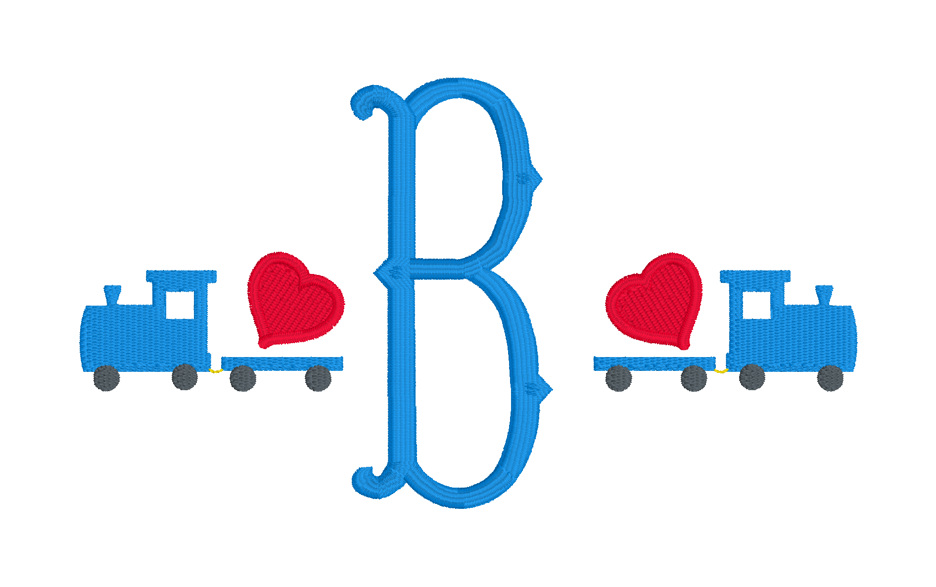 C016 — Love Train Monogram Frame a large initial with mirrored trains carrying heart-filled cars for a sweet Valentine design. Make it yours: Choose the initial, train colors, heart colors, scale, and placement.