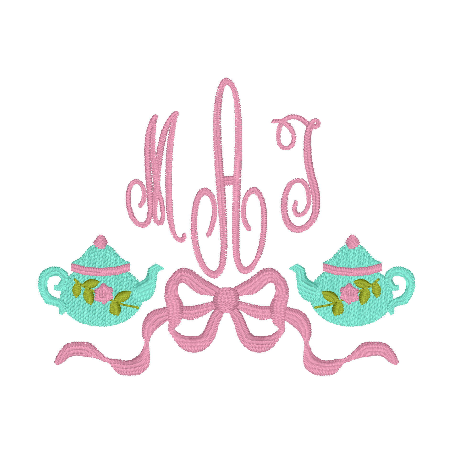 C028 — Tea-Party Monogram
Two teapots flank an ornate monogram with a bow beneath.
Make it yours: Choose the initials, monogram order, teapot colors, and bow color.