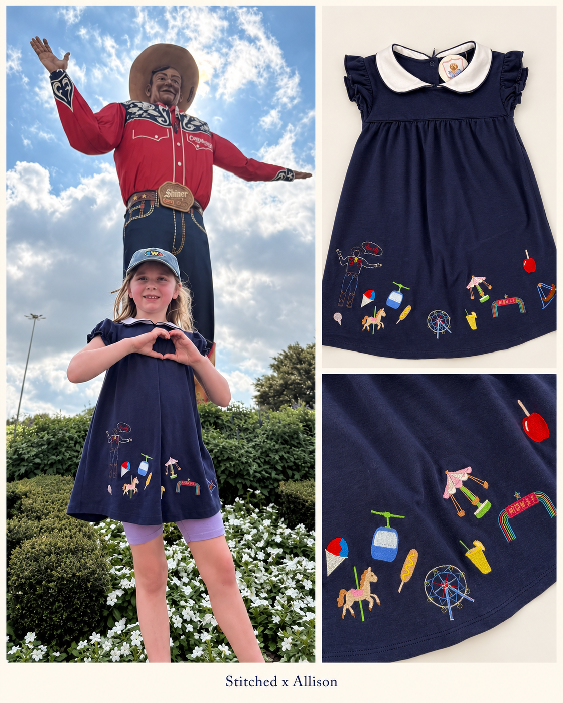 A child wearing a navy State Fair dress beneath Big Tex, alongside full-dress and close-up views of its colorful embroidered fairground motifs.