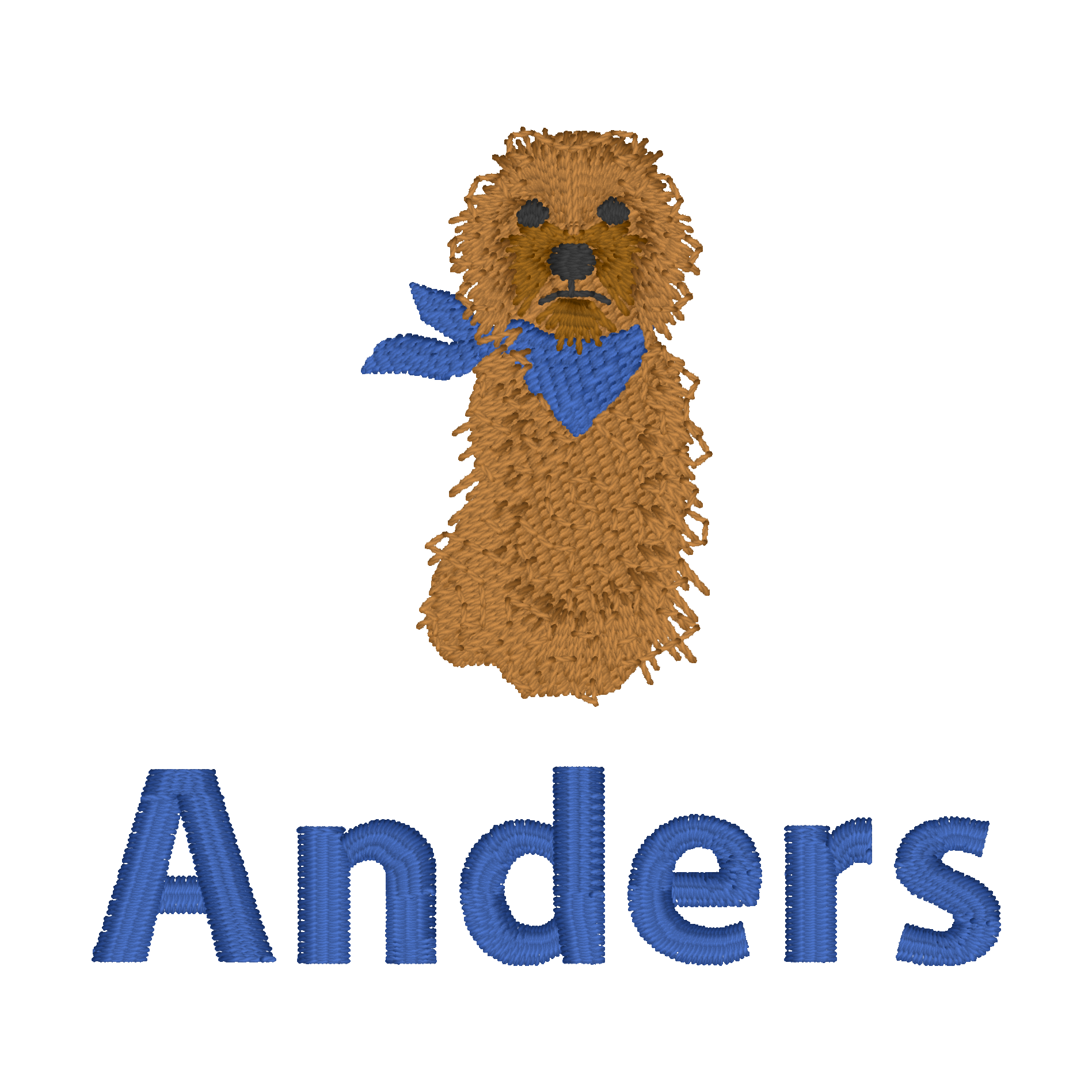C035 — Dog Above a Name
A full seated dog above a bold personalized name.
Make it yours: Choose the name, lettering color, dog colors, and bandana color.