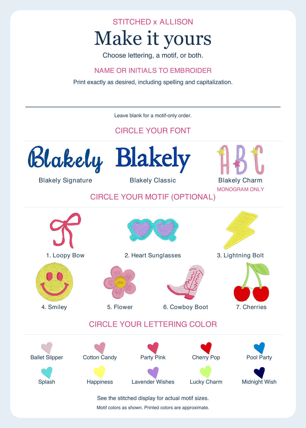 Blakely’s final party embroidery card with Signature, Classic, and Charm lettering, seven motifs, and heart-shaped swatches labeled with party color names.