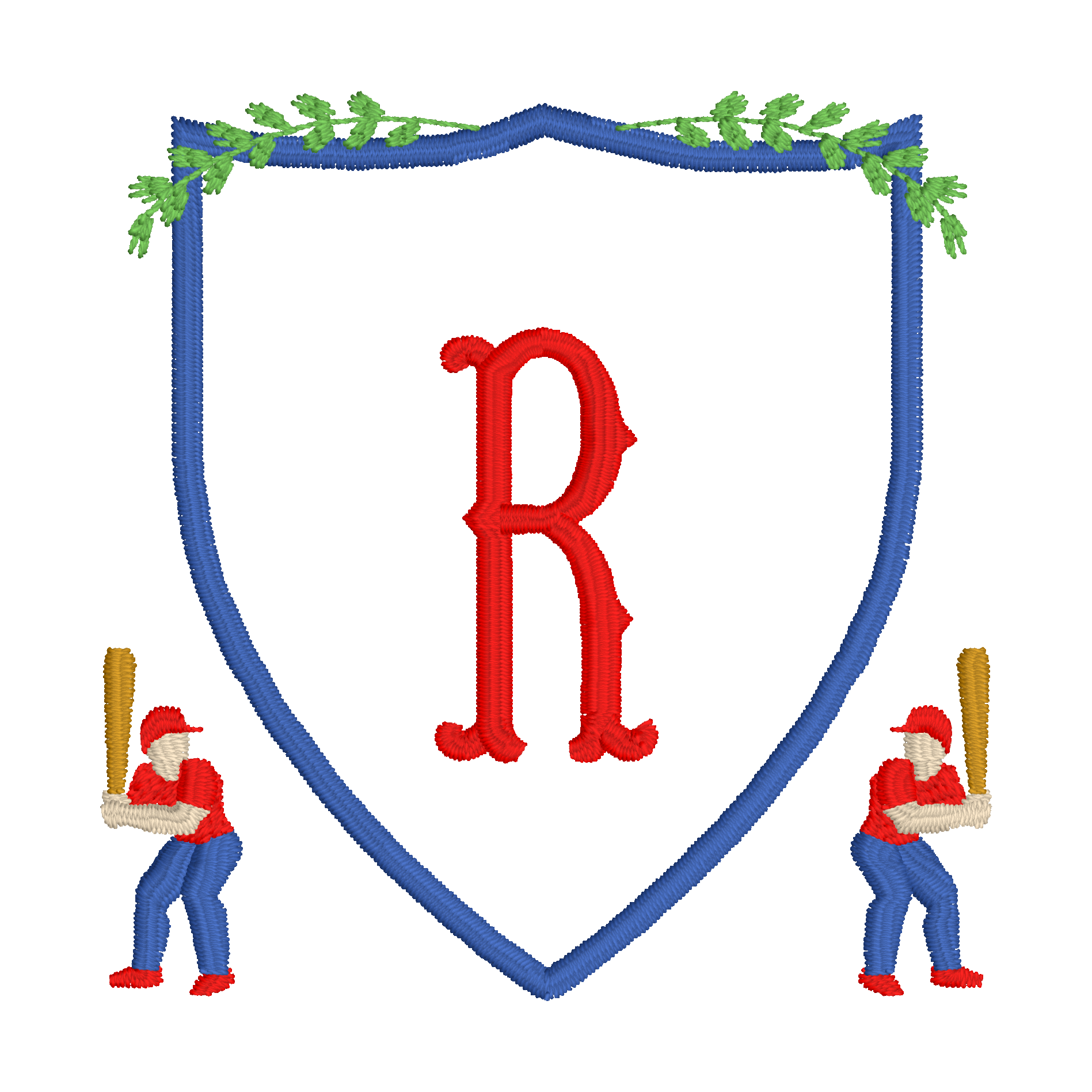 C033 — Baseball Crest Initial
A large initial inside a crest, flanked by two baseball players.
Make it yours: Choose the initial, crest colors, and baseball-player colors.