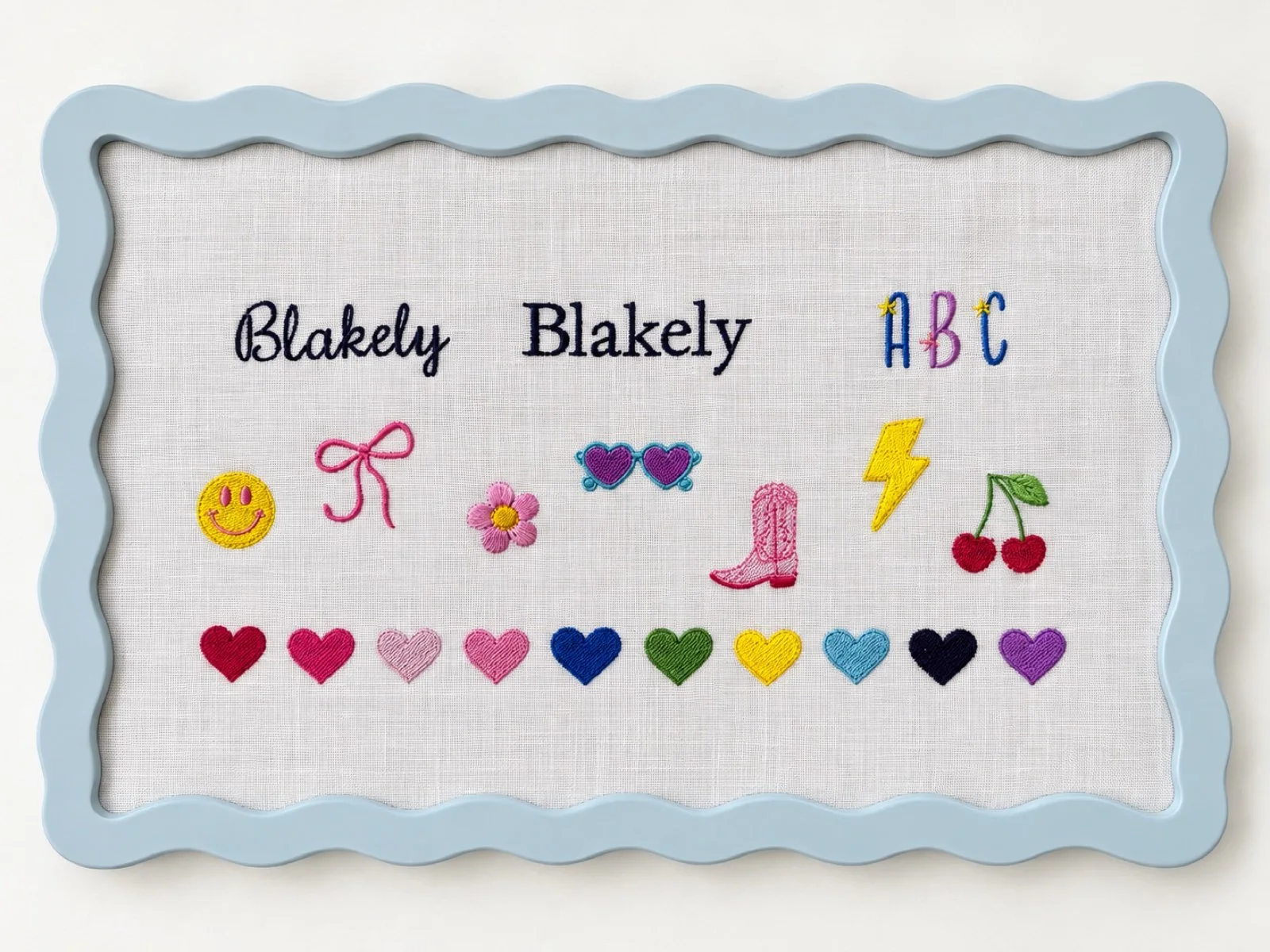 Blakely’s framed embroidery menu with name styles, playful motifs, and thread colors.