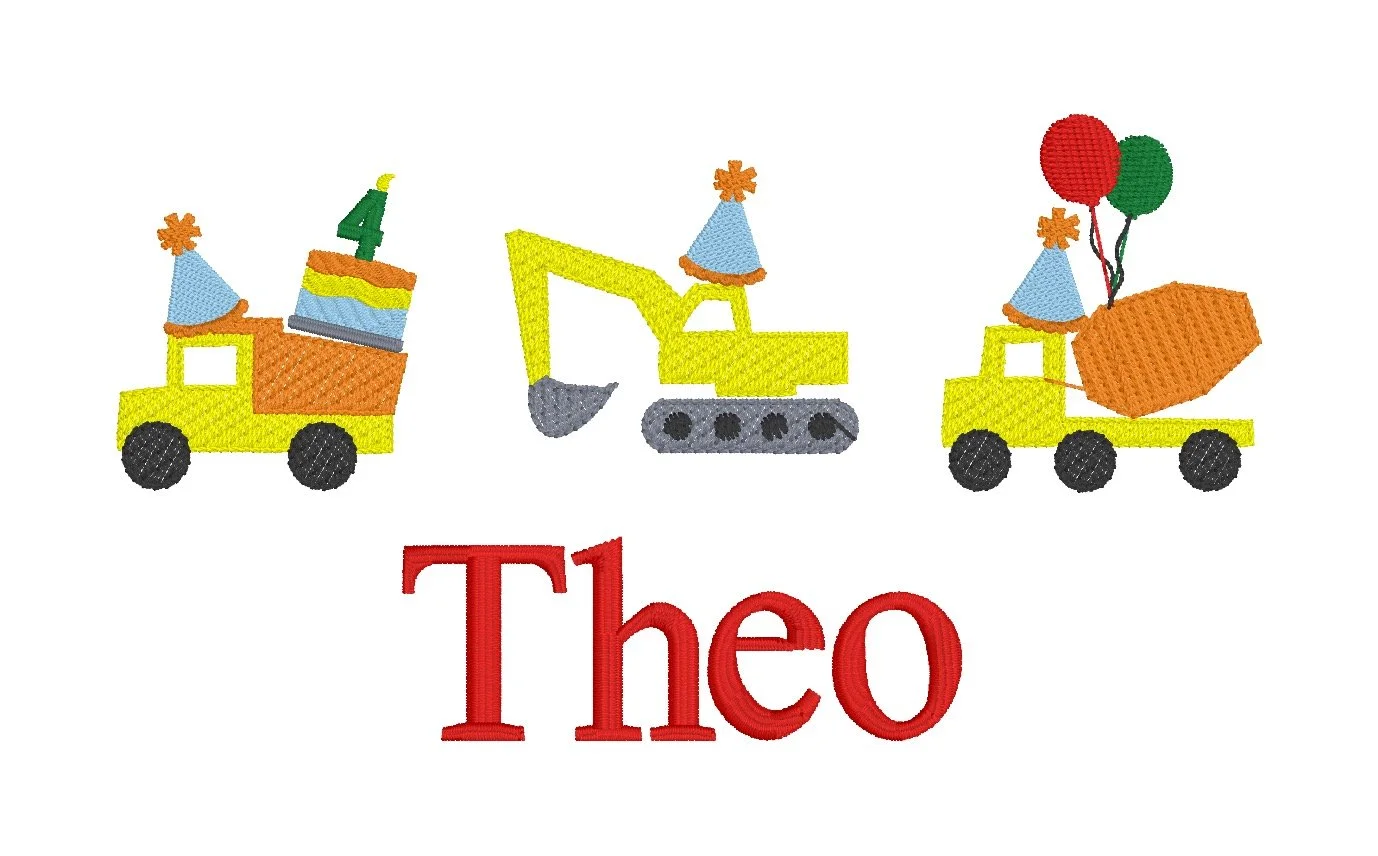 C008 — Construction Birthday Lineup
Turn construction vehicles into a birthday scene with party hats, balloons, a cake, and a personalized name and age.
Make it yours: Choose the name, age, vehicles, party details, and colors.
Motif references: D0001
