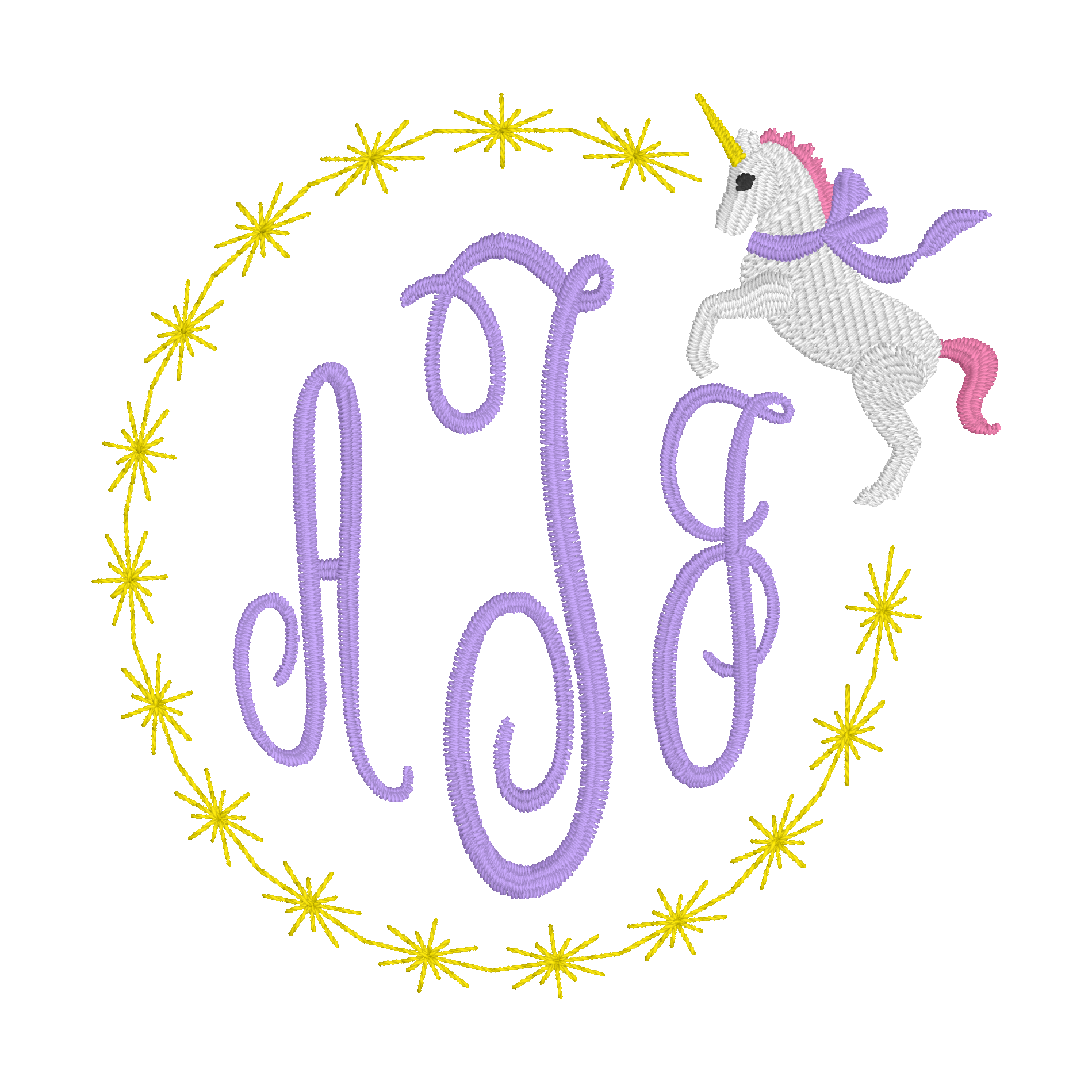 C032 — Unicorn Monogram
A three-letter monogram inside a gold starry circle, with a unicorn above.
Make it yours: Choose the initials, monogram order, unicorn colors, and star colors.