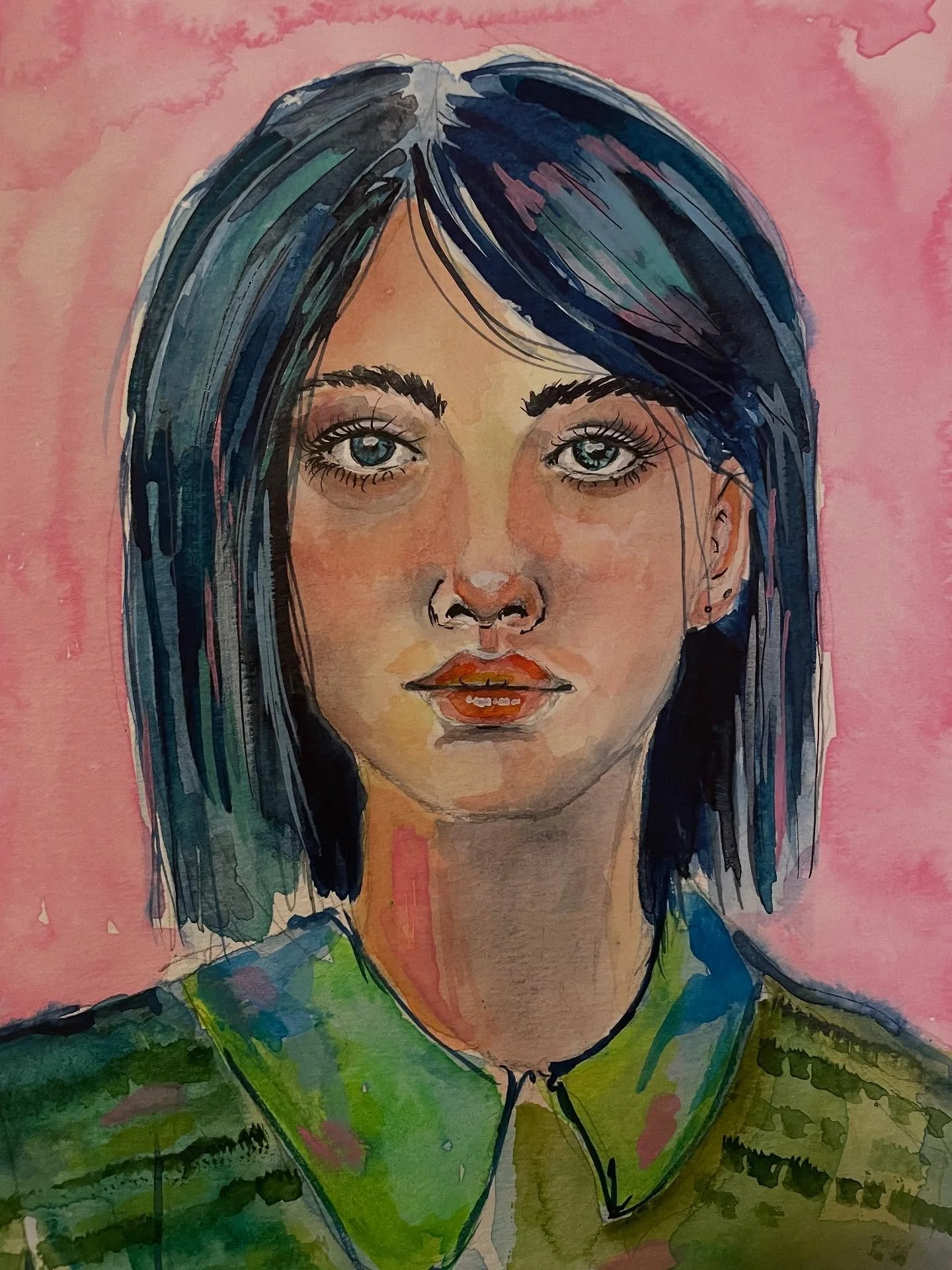 Love the combo of greens and pinks in this portrait. Worked on this at random times through the past week. 
Playing and experimenting in my sketchbook is so satisfying.  These pics show the evolution and the saturation of colors.
🎨
Used the portrait