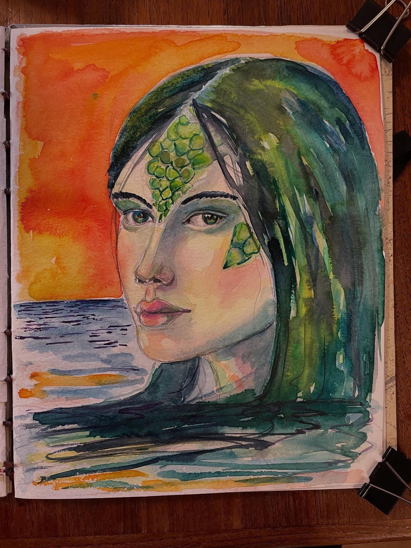 Most recent sketchbook page. I had just finished reading Sirens by Emilia Hart, and felt the need to get the image I had on paper.
🎨🎨🎨

#sirens #sketchbook #watercolor #watercolorportrait #nhartist #portraitpainting