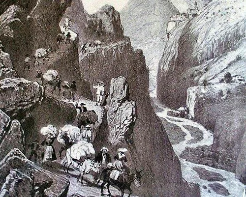 Gravure montrant des personnes et des animaux sur un chemin de montagne sinueux près d'une rivière.