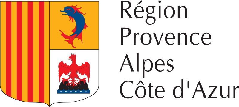 Logo de la région Provence-Alpes-Côte d'Azur avec un blason comportant des bandes rouges et jaunes, un dauphin et un aigle.