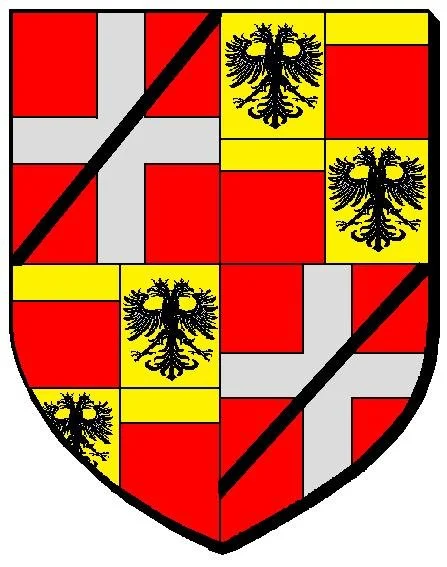 Blason avec croix et aigle bicéphale sur fond rouge et jaune