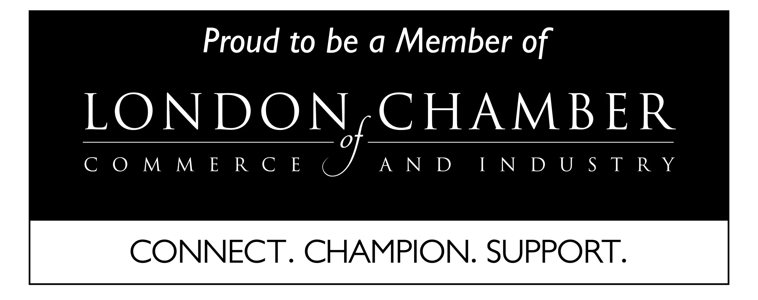 Black and white London Chamber of Commerce and Industry membership badge with the tagline Connect, Champion, Support