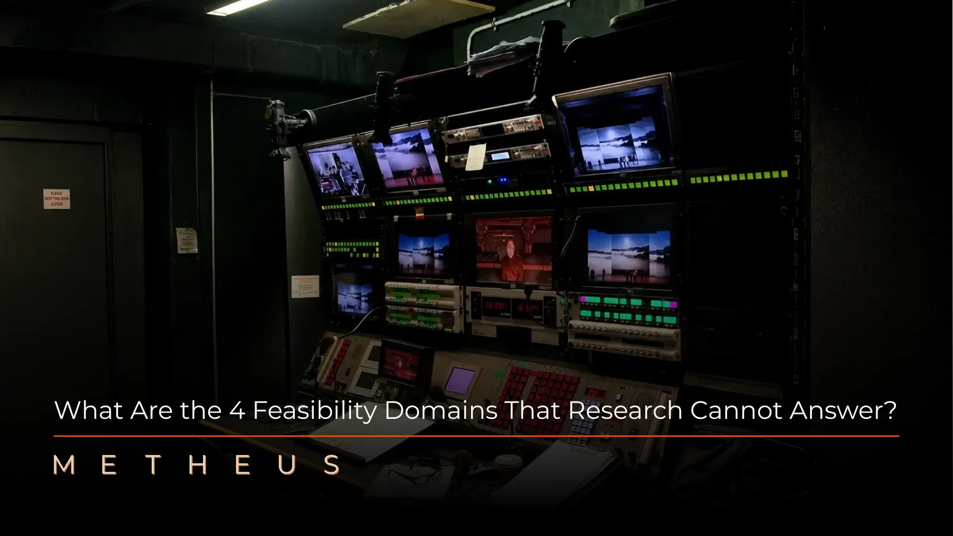 Broadcast control room with multiple monitoring screens and technical equipment displaying operational systems for market entry feasibility validation.