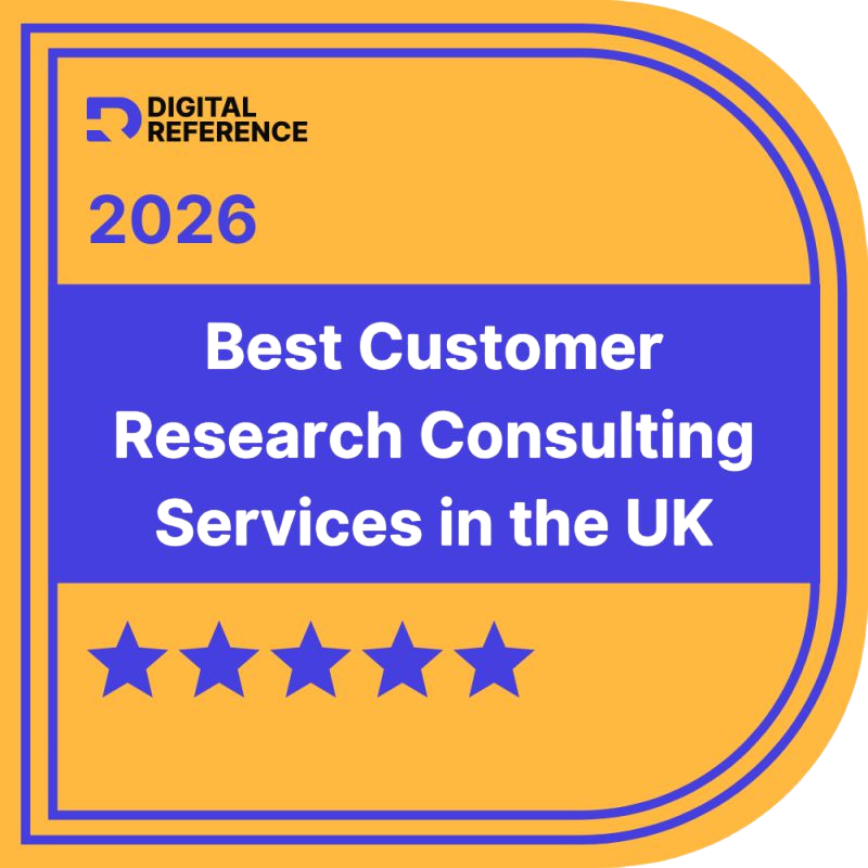 Digital Reference 2026 award badge for “Best Customer Research Consulting Services in the UK” with five stars.