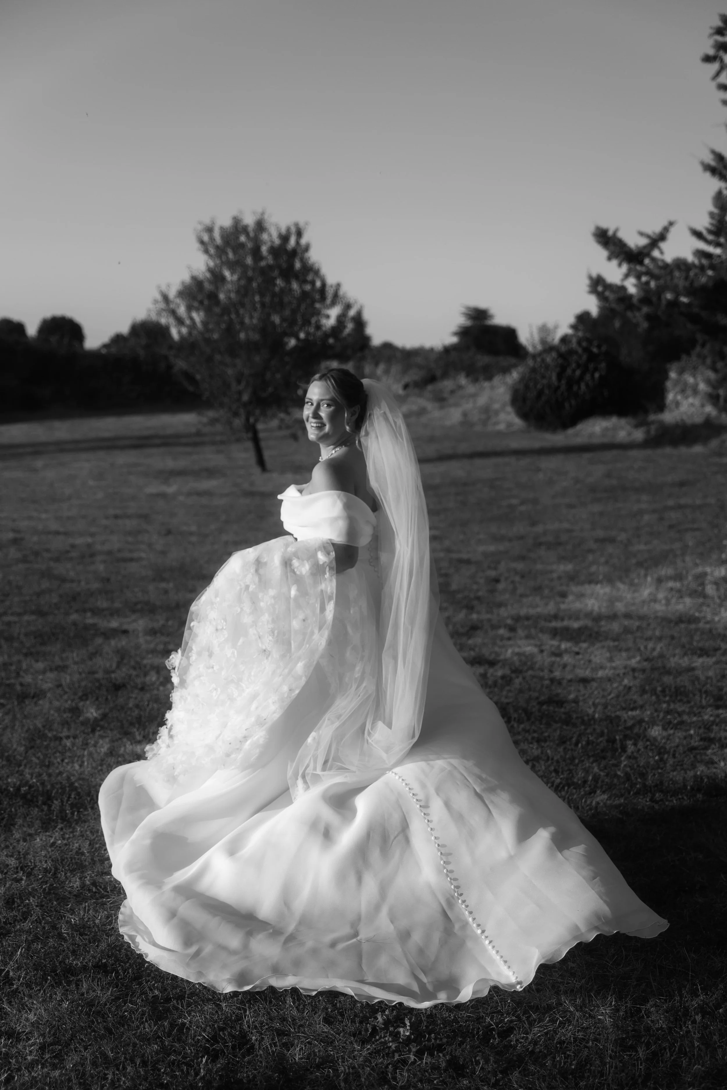 bride running with her wedding dress