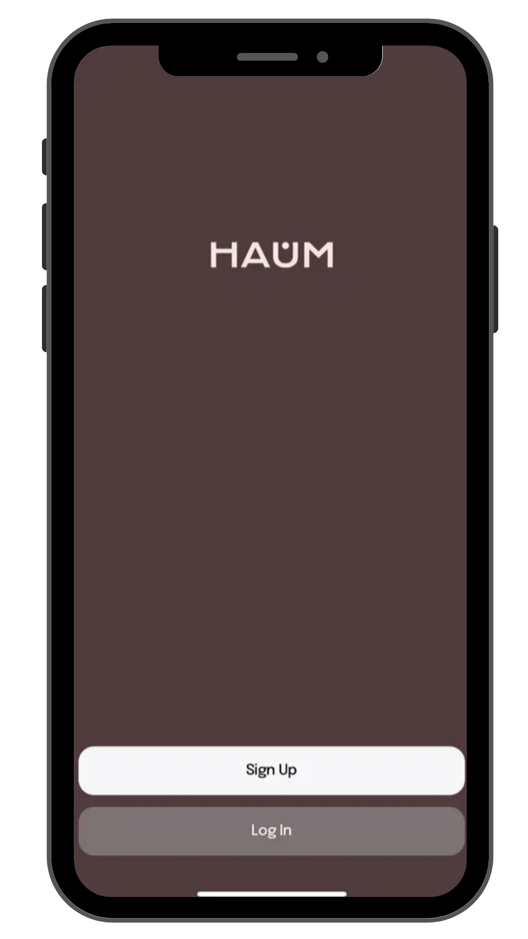 Smartphone screen displaying the HAUM app with options to sign up or log in.