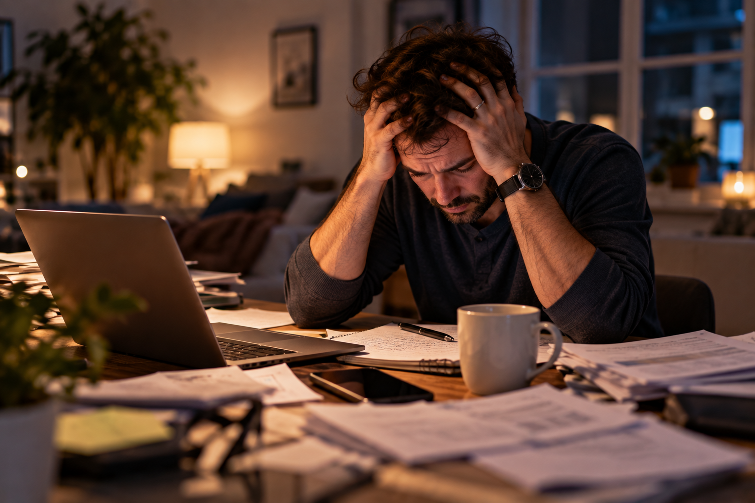 Adult man feeling stressed and overwhelmed while managing work and everyday responsibilities.