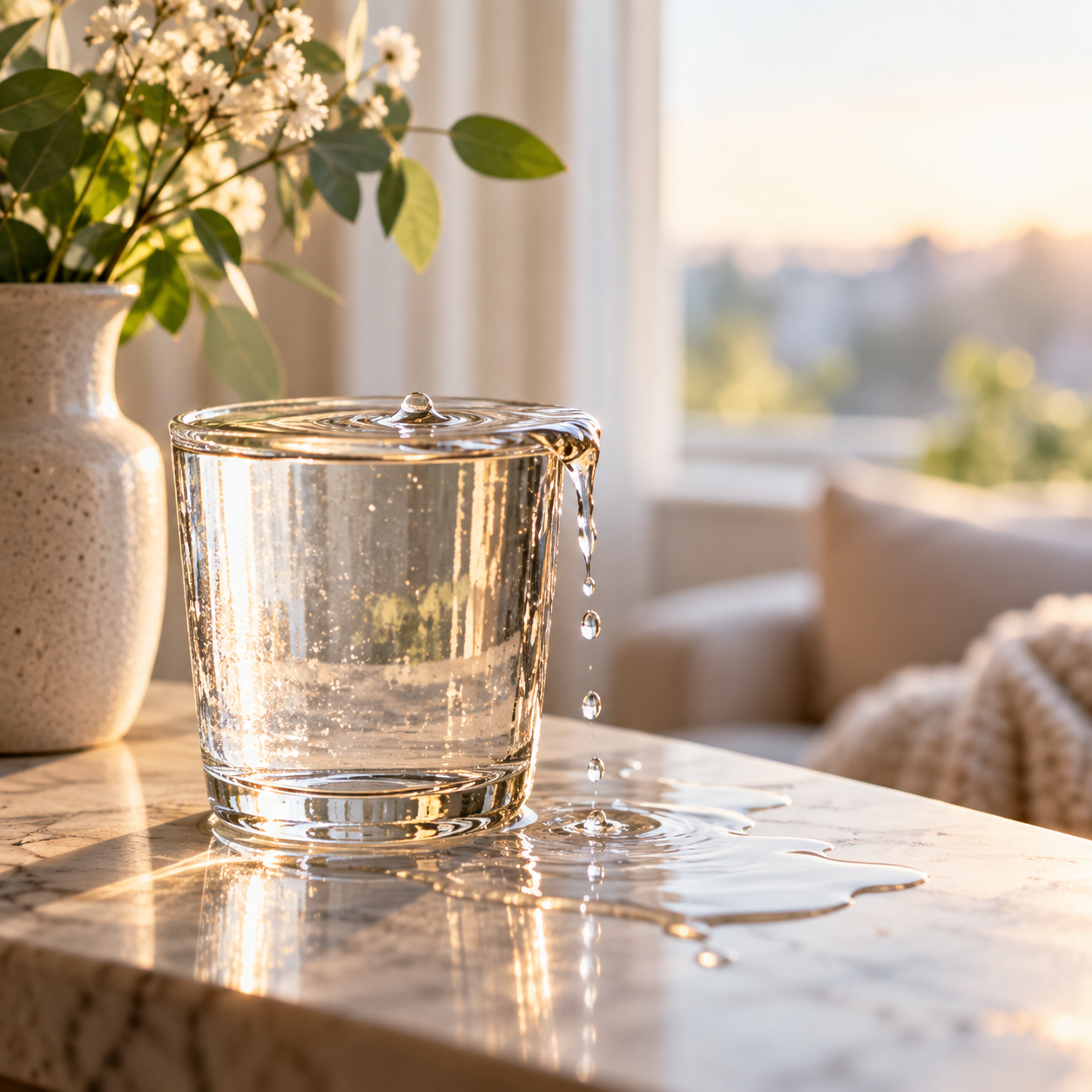 Glass of water overflowing in a calm setting, representing feelings of anxiety, stress, and overwhelm.