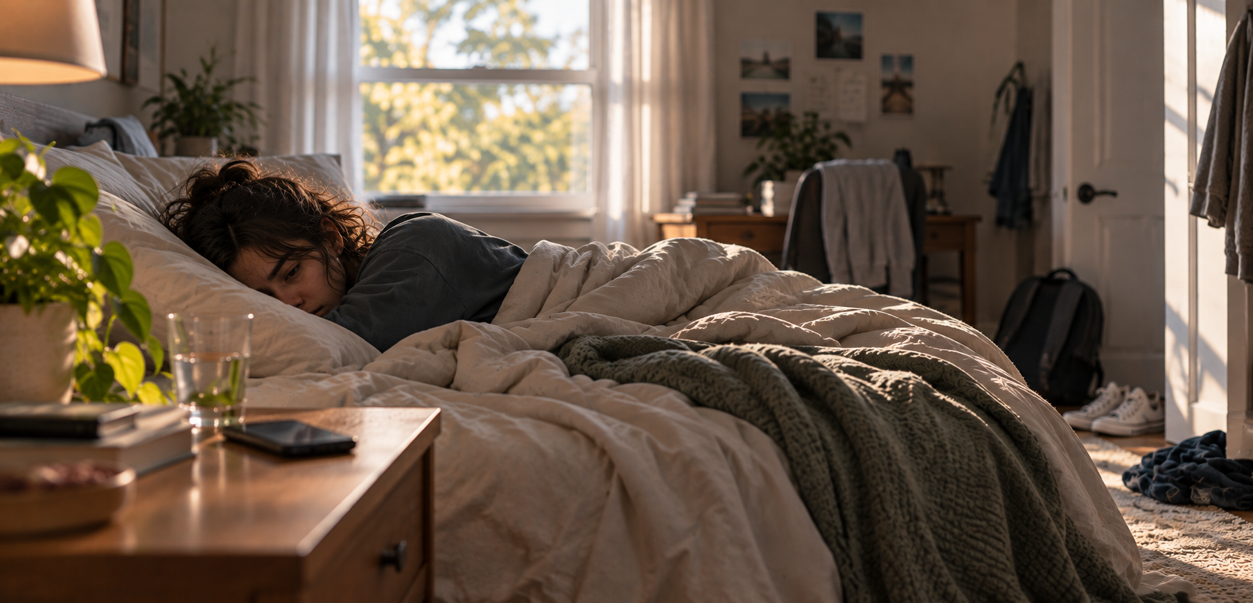 Person resting in bed during the day, representing low energy, withdrawal, and depression.