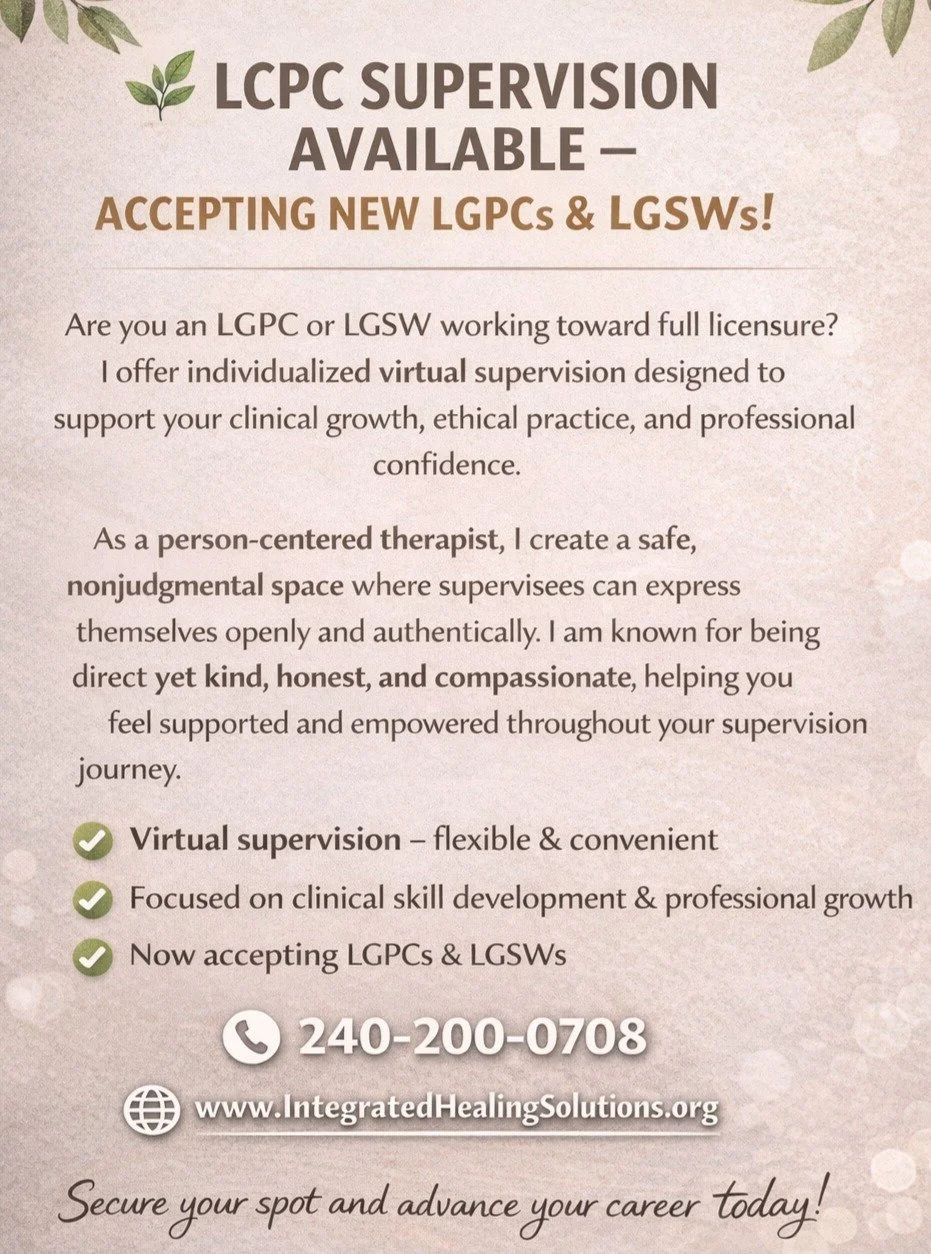 🌿 LCPC Supervision Available &ndash; Accepting New LGPCs &amp; LGSWs! 🌿

Are you an LGPC or LGSW working toward full licensure? I offer individualized virtual supervision designed to support your clinical growth, ethical practice, and professional 