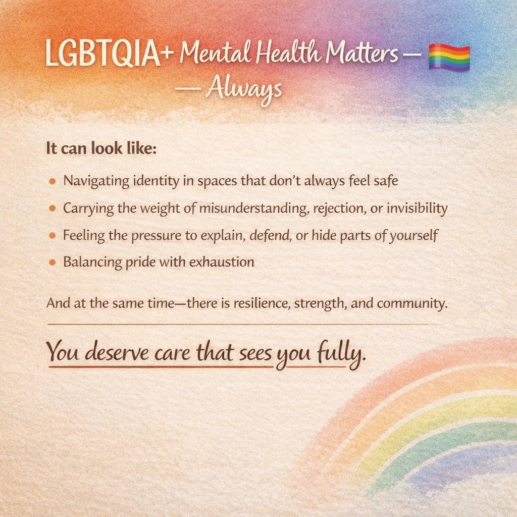LGBTQIA+ Mental Health Matters &mdash; Always 🏳️&zwj;🌈

For many LGBTQIA+ individuals, mental health isn&rsquo;t just about managing stress or anxiety&mdash;it&rsquo;s often shaped by deeper layers of experience.

It can look like:
&bull; Navigatin