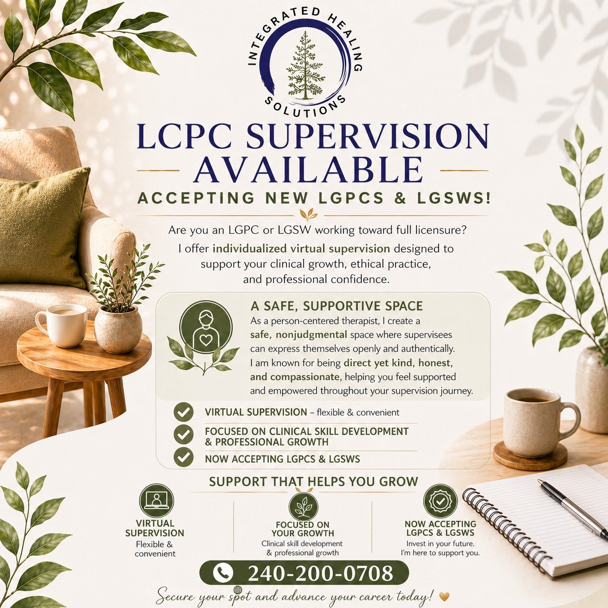 You don&rsquo;t have to figure it all out on your own.

I&rsquo;m currently accepting a small number of LGPC &amp; LGSW supervisees for virtual supervision. My approach is warm, direct, and real&mdash;we focus on helping you feel more confident, supp