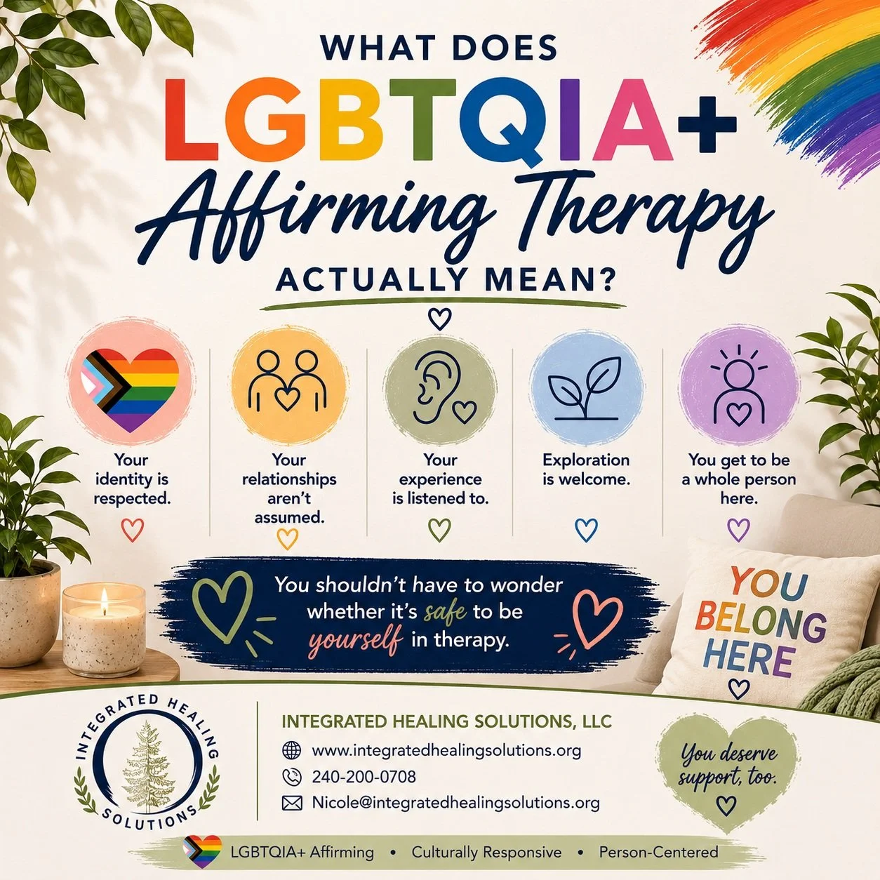 🏳️&zwj;🌈 What Does LGBTQIA+ Affirming Therapy Actually Mean?
You may see &ldquo;LGBTQIA+ affirming&rdquo; on therapist profiles and websites&mdash;but affirming care should mean more than displaying a rainbow or saying, &ldquo;Everyone is welcome h