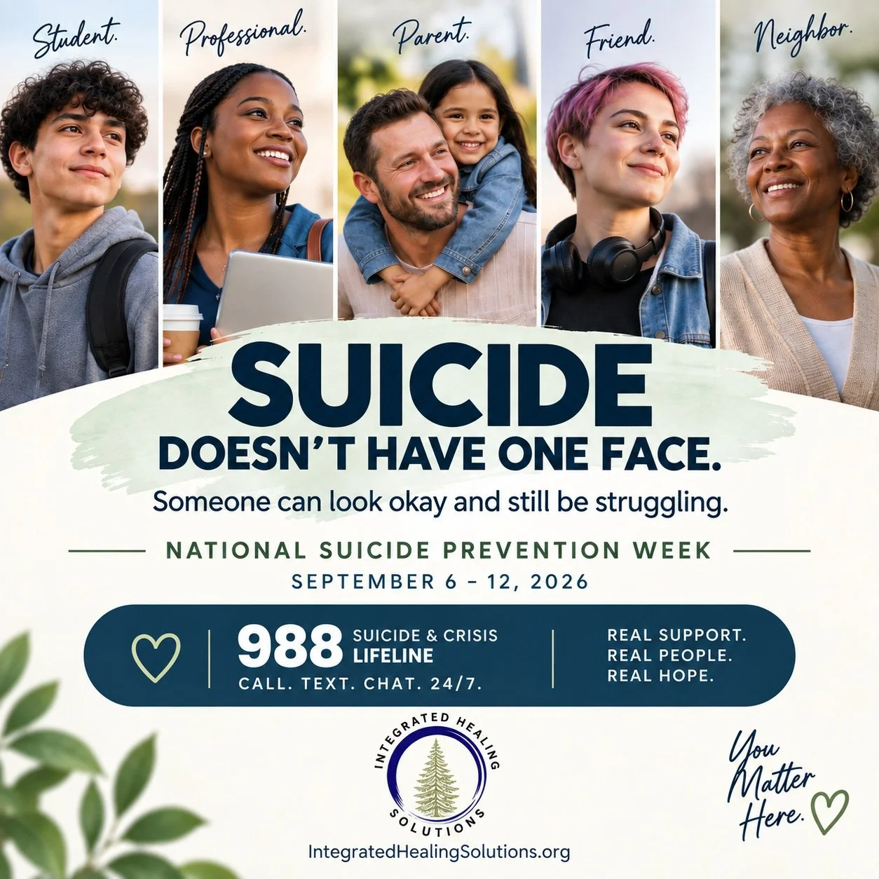 Suicide doesn't have one face.

When we picture someone struggling with suicidal thoughts, we may imagine someone who looks visibly depressed or whose life appears to be falling apart.

But emotional pain doesn't always look the way we expect it to.
