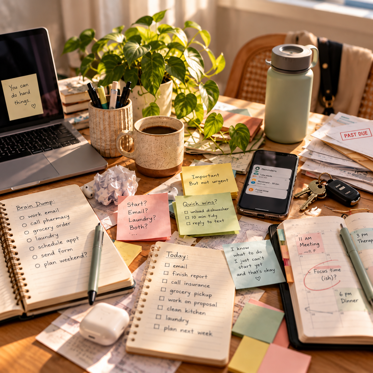 Desk with planner, to-do lists, sticky notes, laptop, and everyday reminders representing ADHD and executive functioning challenges.