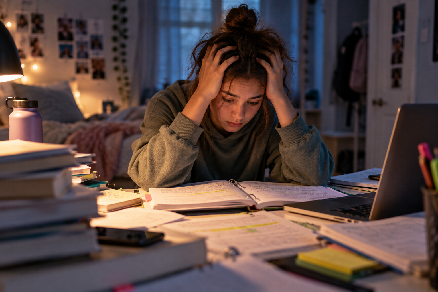 Teen feeling stressed and overwhelmed while studying with schoolwork and textbooks.