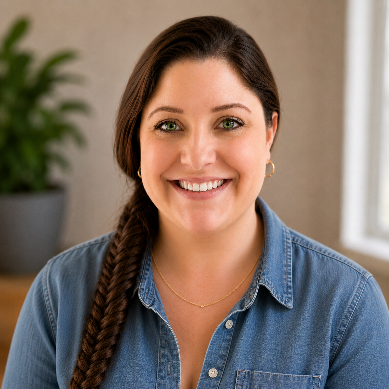 Smiling woman with long braided brown hair, green eyes, wearing a denim shirt, gold hoop earrings, and a delicate gold necklace, in a cozy indoor setting.