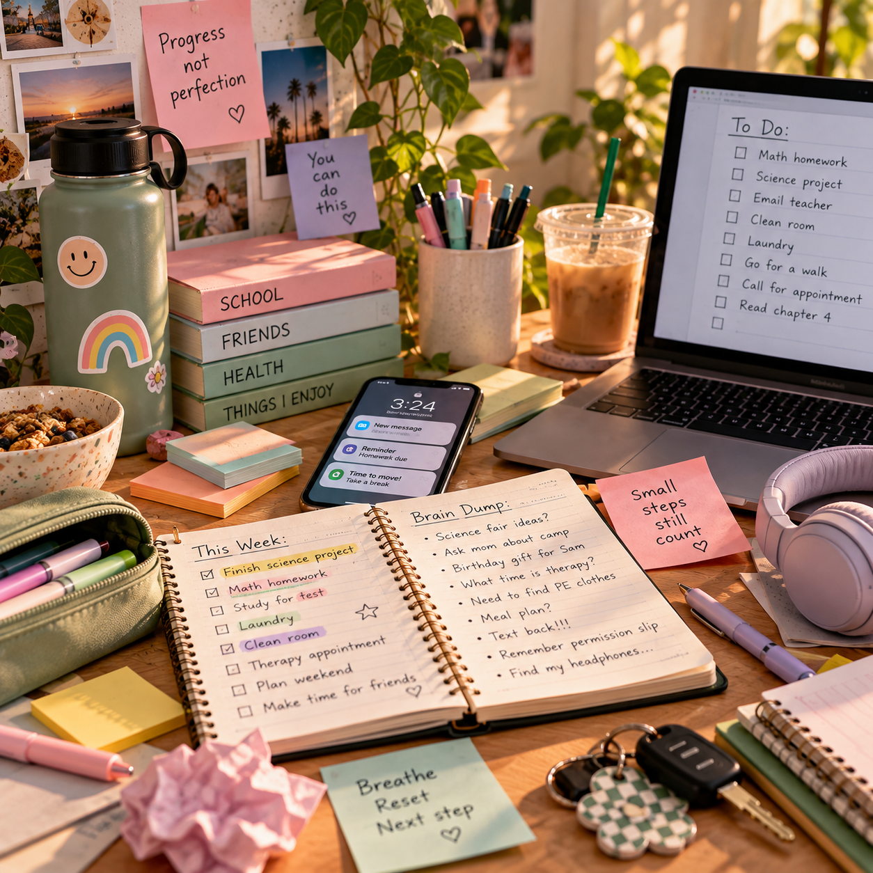 Teen study space with schoolwork, a to-do list, laptop, and reminders representing ADHD and executive functioning challenges in young people.