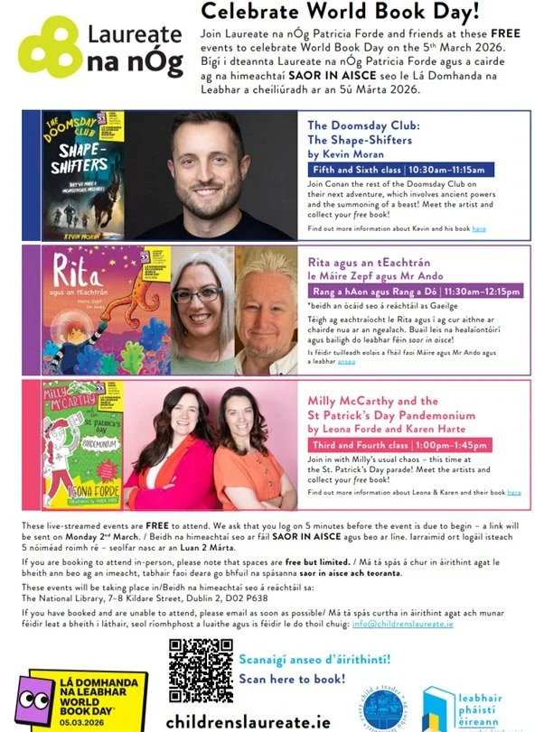 📚Beidh beoshruth ag Leabhair Ph&aacute;ist&iacute; &Eacute;ireann am&aacute;rach do scoileanna agus t&aacute; an leabhar 'Rita agus an tEachtr&aacute;n' ina measc!📚

F&eacute;achaig&iacute; th&iacute;os nascanna chuig na h&aacute;iseanna at&aacute;