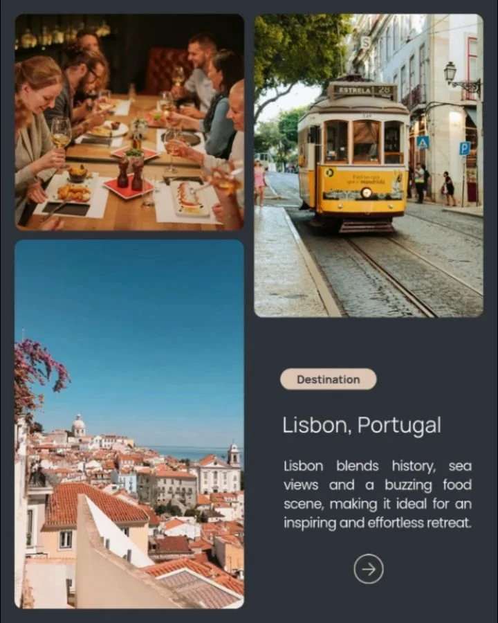 A city built for connection and creativity &mdash; Lisbon is where teams reset and recharge.

#TeamRetreat #CompanyRetreat #WorkRetreat #Offsite #TeamCulture #LisbonRetreat #RetreatDestination
