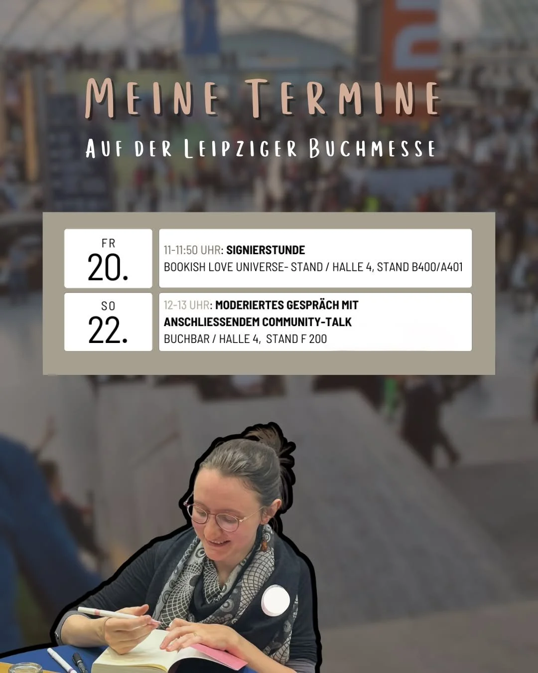Ich bin auf der Leipziger Buchmesse!
(F&uuml;r alle, die wissen, wo ich wohne, war das jetzt eine sehr gro&szlig;e &Uuml;berraschung, ich wei&szlig;.)

📅Ich signiere am Freitag, den 20.03. um 11 Uhr am Bookish Love Universe (Halle 4, Stand B400) eur