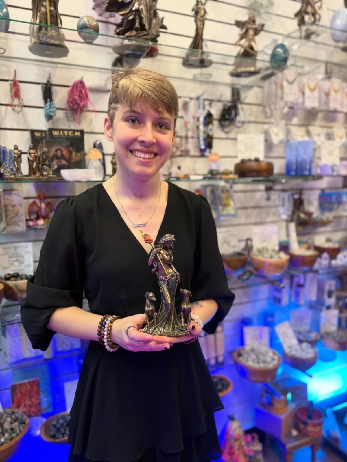 Hecate: the Greek goddess of the crossroads, witchcraft, and unseen realms. She is a powerful guardian of liminal spaces and Sabrina&rsquo;s favorite item in the store. Hecate called to Sabrina&rsquo;s heart (and ours!) with the snake around her neck