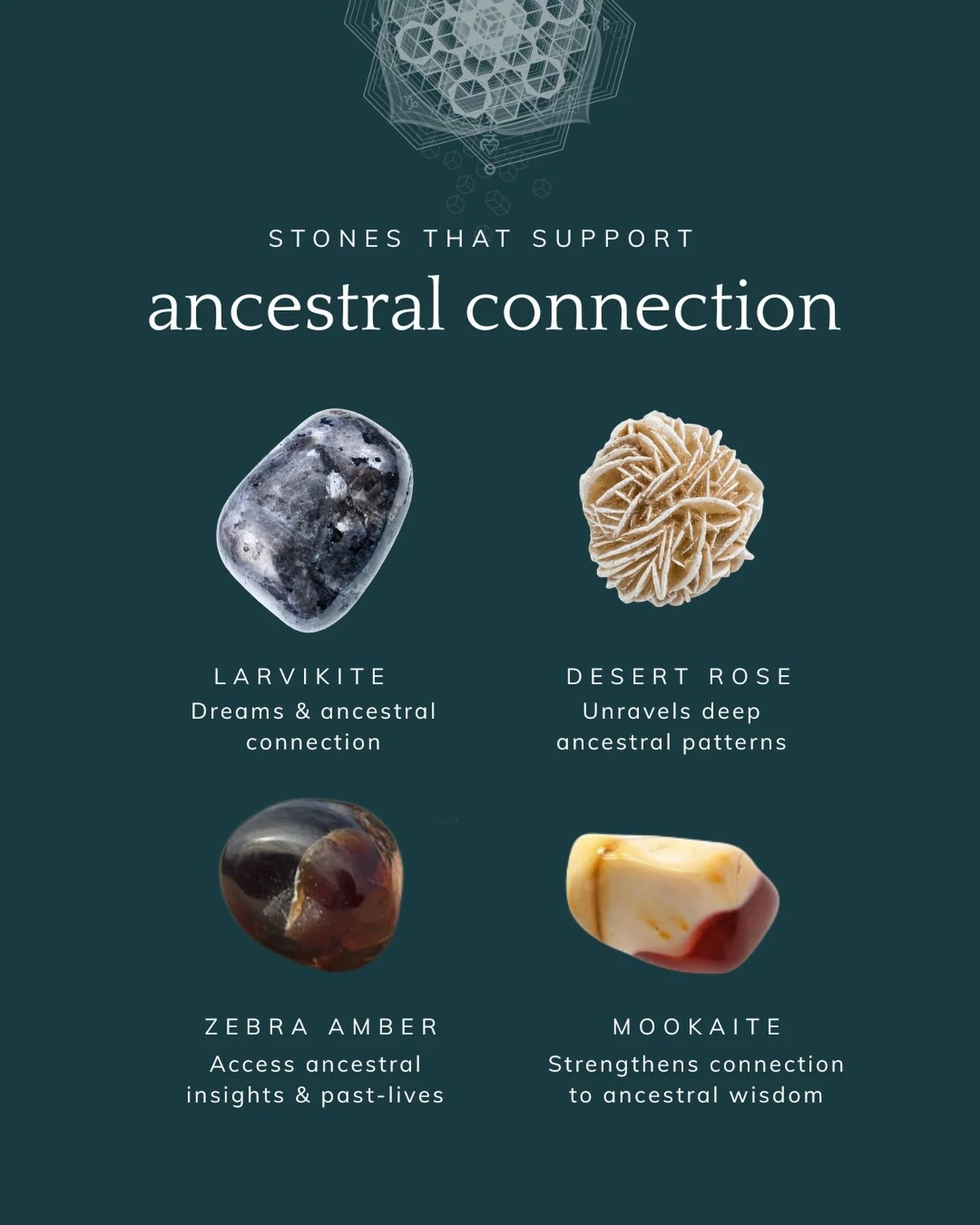 Connection to our ancestors is part of who we are and we carry parts of them with us in our minds, bodies, and spirits. If you are looking to connect with your ancestors here are a few crystals and stones that can support that journey:

💎Larvikite: 