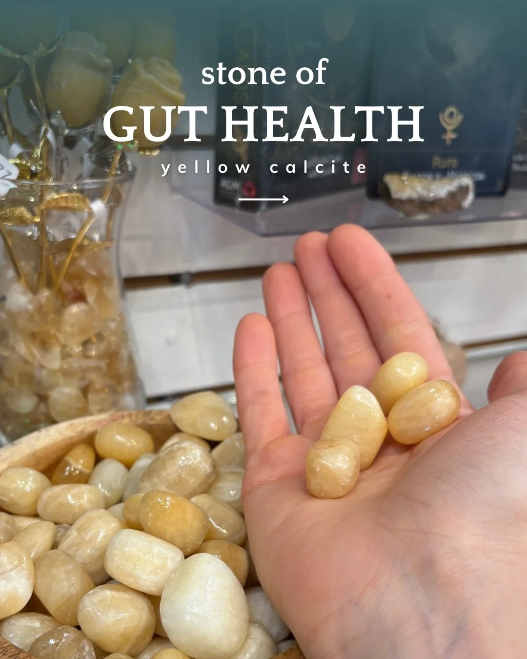 Yellow calcite is known as the stone of gut health. It works with the solar plexus chakra to help loosen and release fear-based patterns stored in your gut. If you experience digestive issues, carrying this stone with you or keeping it on an altar ca